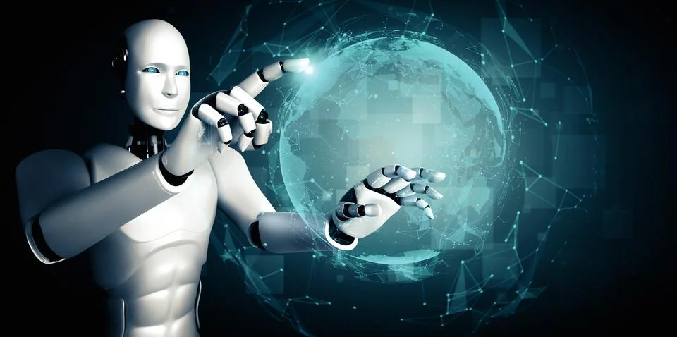 MLB AI humanoid robot touching hologram screen shows concept of global 스톡 일러스트