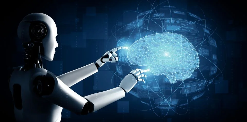 MLB AI humanoid robot touching virtual hologram screen showing concept of AI Illustrazione stock