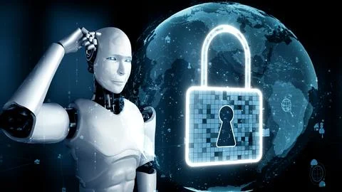 MLB AI robot huminoid uses cloud computing technology to store data on online Stock Illustration