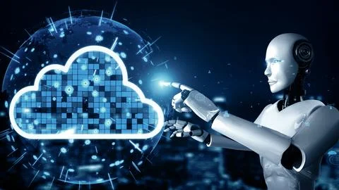 MLB AI robot huminoid uses cloud computing technology to store data on online Stock Illustration