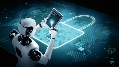 MLB AI robot huminoid uses cloud computing technology to store data on online Illustrazione stock