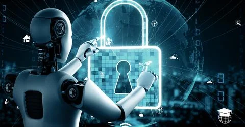 MLB AI robot huminoid uses cloud computing technology to store data on online Illustrazione stock
