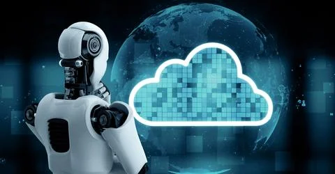 MLB AI robot huminoid uses cloud computing technology to store data on online Illustrazione stock