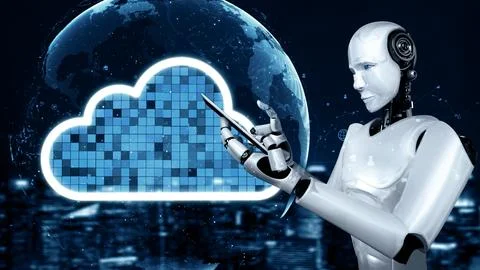 MLB AI robot huminoid uses cloud computing technology to store data on online Stock Illustration