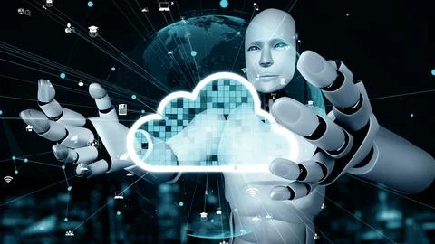 MLB AI robot huminoid uses cloud computing technology to store data on online Illustrazione stock