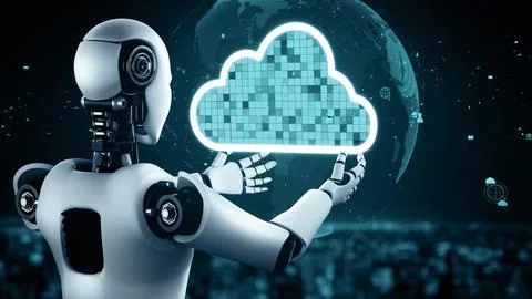 MLB AI robot huminoid uses cloud computing technology to store data on online Illustrazione stock