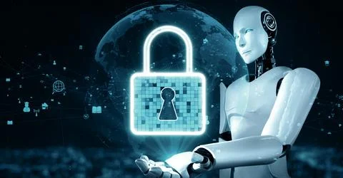 MLB AI robot huminoid uses cloud computing technology to store data on online Illustrazione stock