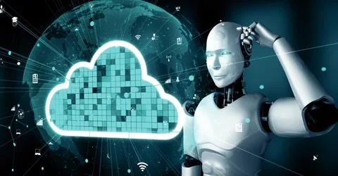 MLB AI robot huminoid uses cloud computing technology to store data on online Illustrazione stock