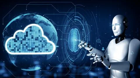 MLB AI robot huminoid uses cloud computing technology to store data on online Stock Illustration