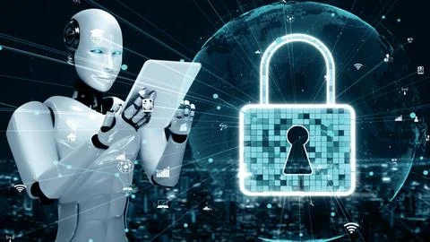 MLB AI robot huminoid uses cloud computing technology to store data on online Stock Illustration