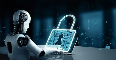 MLB AI robot huminoid uses cloud computing technology to store data on online Illustrazione stock