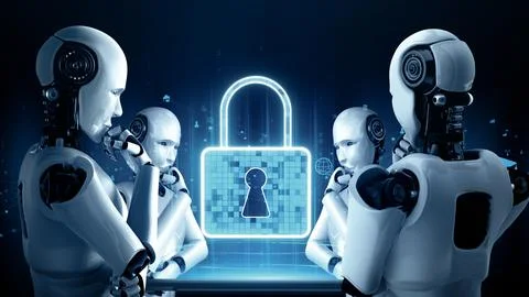 MLB AI robot huminoid uses cloud computing technology to store data on online Illustrazione stock