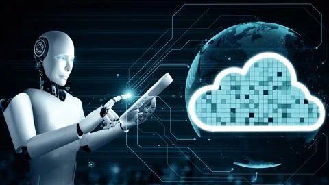 MLB AI robot huminoid uses cloud computing technology to store data on online Illustrazione stock