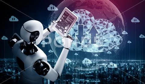 MLB AI robot using cloud computing technology to store data on online server Illustrazione stock