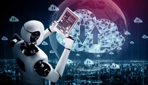 MLB AI robot using cloud computing technology to store data on online server Illustrazione stock