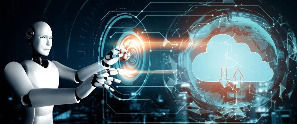 MLB AI robot using cloud computing technology to store data on online server Illustrazione stock