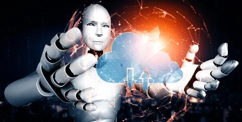 MLB AI robot using cloud computing technology to store data on online server Stock Illustration