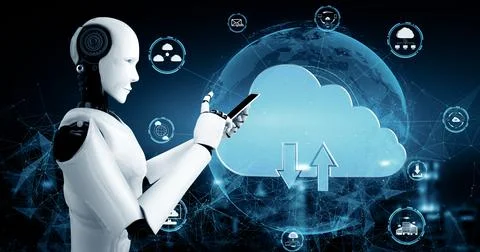 MLB AI robot using cloud computing technology to store data on online server Stock Illustration