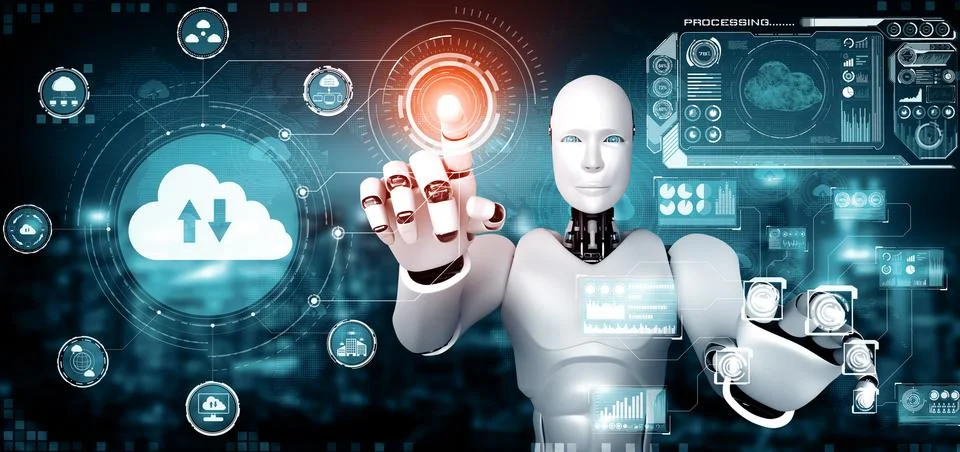 MLB AI robot using cloud computing technology to store data on online server Illustrazione stock