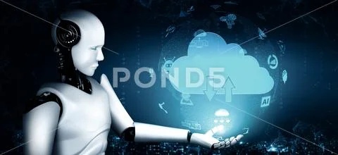 MLB AI robot using cloud computing technology to store data on online server Illustrazione stock