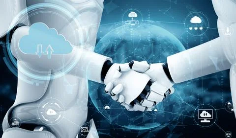 MLB AI robot using cloud computing technology to store data on online server Stock Illustration