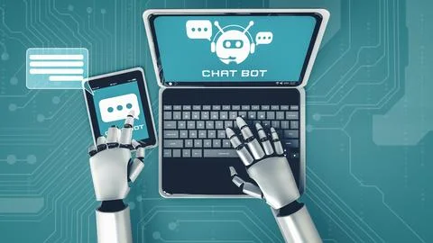 MLB AI robot using computer to chat with customer. Concept of chat bot Stock Illustration