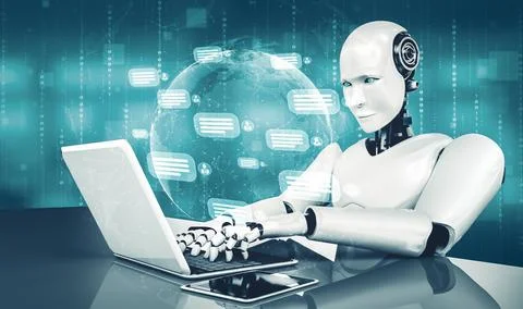 MLB AI robot using computer to chat with customer. Concept of chat bot 스톡 일러스트