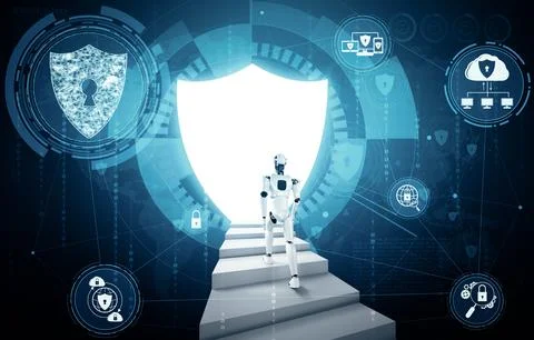 MLB AI robot using cyber security to protect information privacy 库存插图