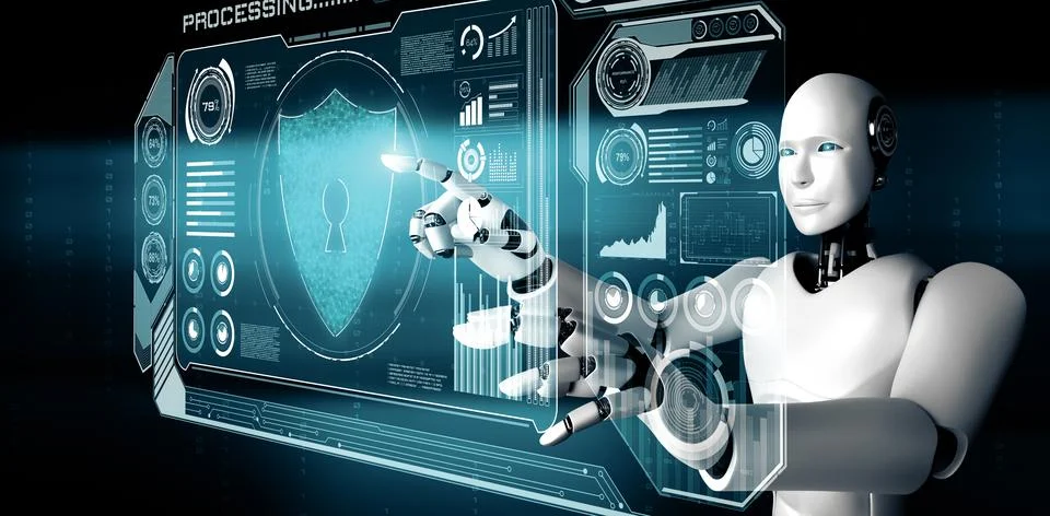 MLB AI robot using cyber security to protect information privacy Illustrazione stock