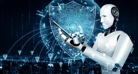 MLB AI robot using cyber security to protect information privacy Illustrazione stock