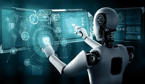 MLB AI robot using cyber security to protect information privacy Illustrazione stock