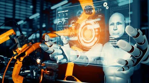 MLB Cybernated industry robot and robotic arms for assembly in factory Stockillustratie