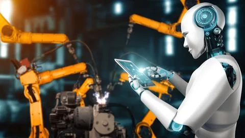 MLB Cybernated industry robot and robotic arms for assembly in factory Stock Illustration