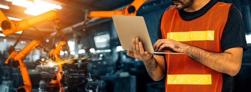 MLB Engineer use advanced robotic software to control industry robot arm in 스톡 사진