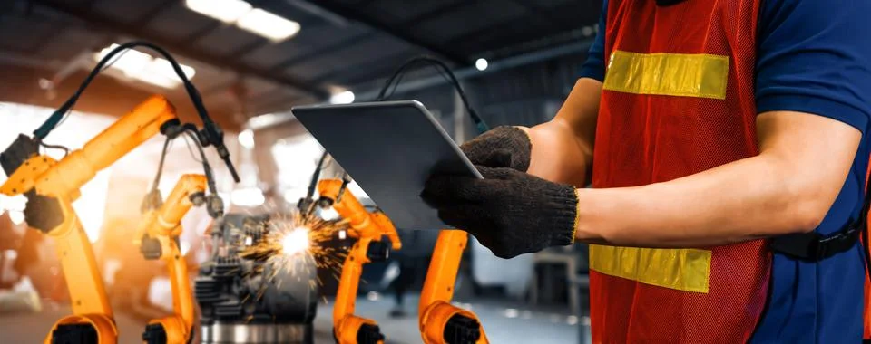 MLB Engineer use advanced robotic software to control industry robot arm in 스톡 사진