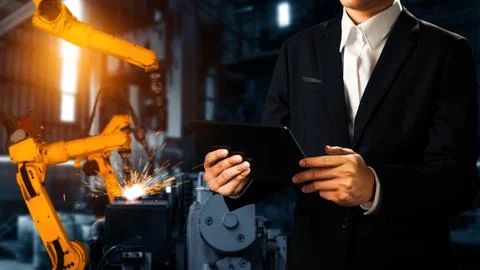 MLB Engineer use advanced robotic software to control industry robot arm in Stock Photos