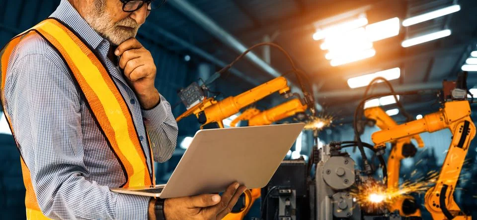 MLB Engineer use advanced robotic software to control industry robot arm in 스톡 사진