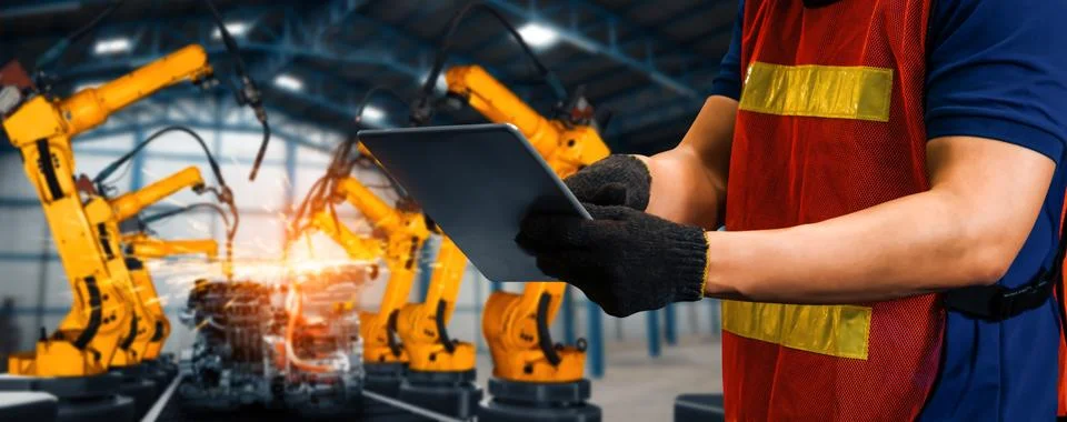 MLB Engineer use advanced robotic software to control industry robot arm in Stock Photos