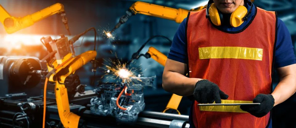 MLB Engineer use advanced robotic software to control industry robot arm in 스톡 사진