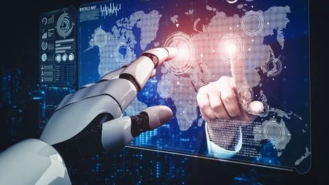 MLB Future artificial intelligence and machine learning for AI droid robot or Illustrazione stock