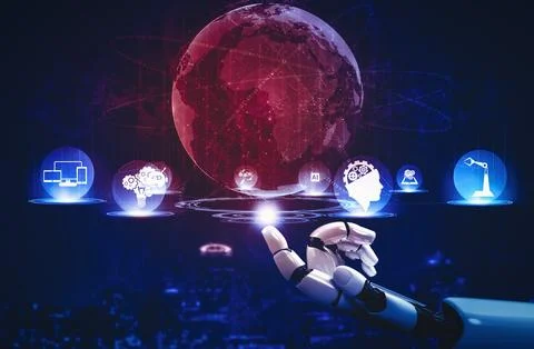 MLB Future artificial intelligence and machine learning for AI droid robot or Illustrazione stock