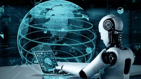 MLB Future financial technology controll by AI robot huminoid uses machine Stock Illustration