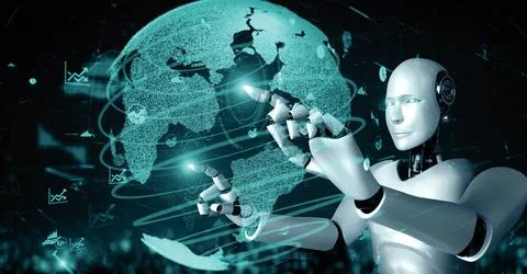 MLB Future financial technology controll by AI robot huminoid uses machine Stock Illustration