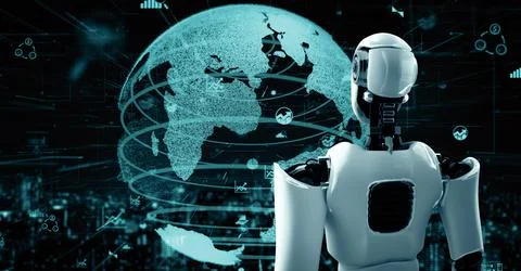 MLB Future financial technology controll by AI robot huminoid uses machine Illustrazione stock