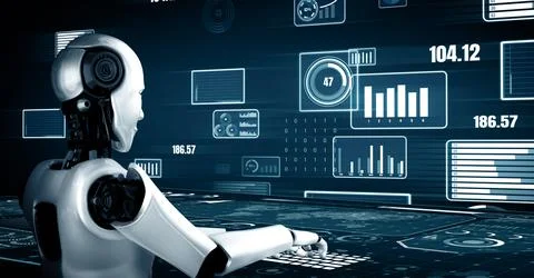 MLB Future financial technology controll by AI robot huminoid uses machine Illustrazione stock