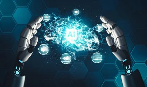 MLB Futuristic AI thinking of droid robot artificial intelligence concept Illustrazione stock
