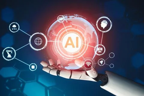 MLB Futuristic AI thinking of droid robot artificial intelligence concept Stock Illustration