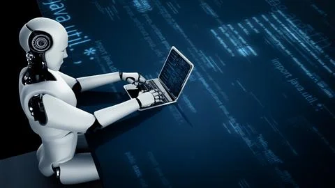 MLB Futuristic robot artificial intelligence huminoid AI programming coding Illustrazione stock