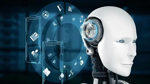 MLB Futuristic robot, artificial intelligence CGI big data analytics and 库存插图