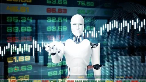 MLB Futuristic robot, artificial intelligence CGI for stock exchange market Stock Illustration